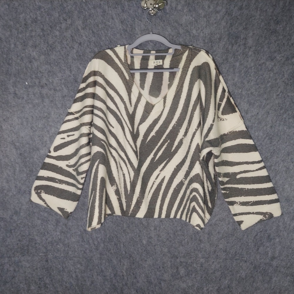 POL Women Sweater S Zebra Grey Cream Boxy V Neck Oversized Ribbed Knit Boho